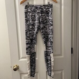 ALO Yoga  Leggings Small Black White Runway Tight Ruffle Mesh Full Length Tiger